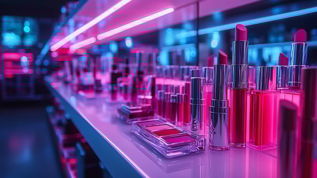 Electric Elegance Neon Makeup Display Featuring Vibrant Lipsticks Graphic Eyeshadows Glowing Shelves with Dazzling Lighting photo