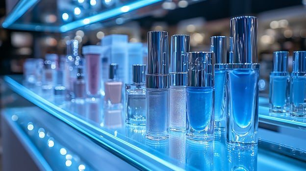 Chilly Toned Makeup Display Showcasing Shimmering Silver Eyeshadows Frosty Lip Glosses Translucent Highlighters Neatly Arranged a Glass Surface Under Diffused Blue Lighting photo