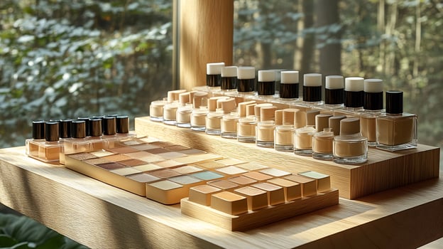Makeup display watercolor art showcasing soft blendable eyeshadows pastel blushes subtle lip tints neatly arranged a wooden platform with gentle lighting and soft natural hues photo