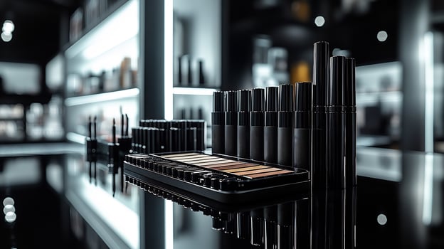 Minimalist beauty showcase featuring elegant blackandwhite packaging highlighting precision eyeliners creamy lip products all neatly organized a reflective surface under gentle lighting photo