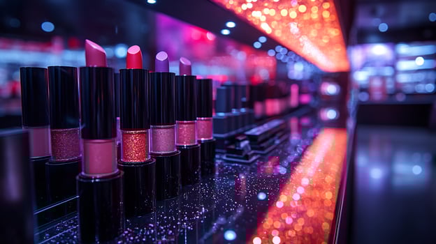 Modern Makeup Showcase Featuring Sleek Black Packaging Matte Lipsticks Vibrant Eyeliners Shimmering Highlighters Arranged on a Reflective Glass Surface Under Subtle Lighting photo