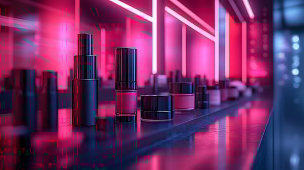 Geometric Glow Contemporary Makeup Arrangement Sleek Metallic Packaging Showcasing Highlighters Foundations in a Striking Geometric Layout photo