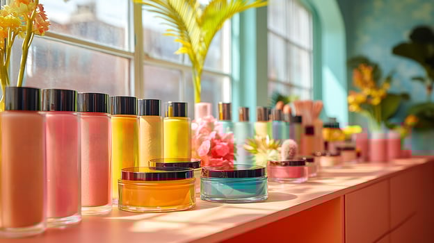 Vibrant cosmetic display highlighting tropical colors like coral blushes turquoise eyeliners creatively arranged a lively setup illuminated by soft natural sunlight photo