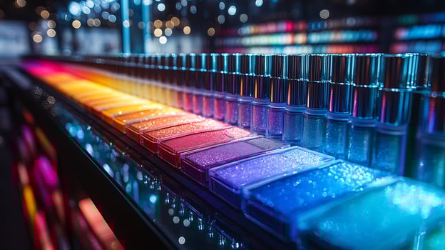 Vibrant modern makeup display showcasing colorful palettes lipsticks sleek glass shelves Makeup display of vibrant hues arranged in elegant lighting to emphasize each product's detail photo