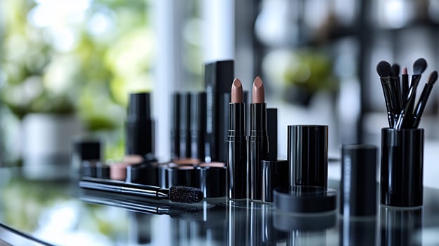 Monochrome Muse Minimalist Black White Makeup Display Featuring Sleek Products Neatly Organized a Glass Table Perfectly Lit for Dramatic Effect photo