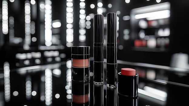 Monochrome Magic Minimalist Makeup Display Featuring Sleek Black White Products Elegantly Organized a Glass Table for a Modern Aesthetic photo