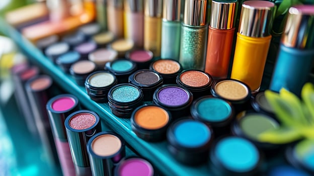 Tropical Paradise Vivid Makeup Display Featuring Bright Colors Against Lush Green Backdrop Showcasing Colorful Eyeliners Eyeshadows in Rows photo