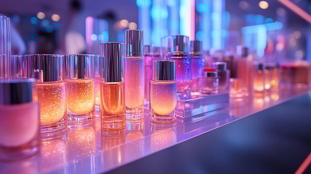Iridescent Innovation Modern Makeup Showcase Holographic Elements Glowing Compacts Arranged on Sleek Silver Trays Under Vibrant Lighting photo