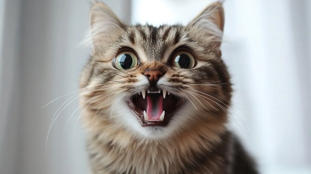 A close-up shot of a tabby cat with wide eyes and open mouth, showing teeth, expressing excitement or playfulness. photo