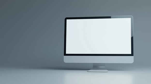 Monitor mockup of modern computer in empty space. Digital device blank screen template advertising image. Powerful pc with mock up display on white desk product photorealistic photo