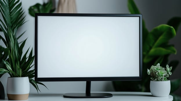 Screen mockup of office pc in company office. Lush houseplants near computer display on table template advertising image. Business technology monitor mock up product photorealistic photo