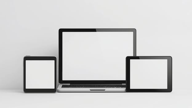 Computer and tablets mockup screens on white backdrop. Connecting personal devices for data exchange template advertising image. Digital devices mock ups product photorealistic photo