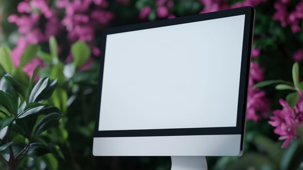 Eco friendly office with monitor mockup and exotic plants. Computer display in exotic garden template advertising image. Sustainable technology mock up screen product photorealistic photo