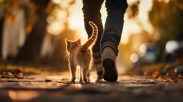 A person walks along a sunlit path accompanied by a playful orange tabby cat during autumn in a quaint neighborhood photo