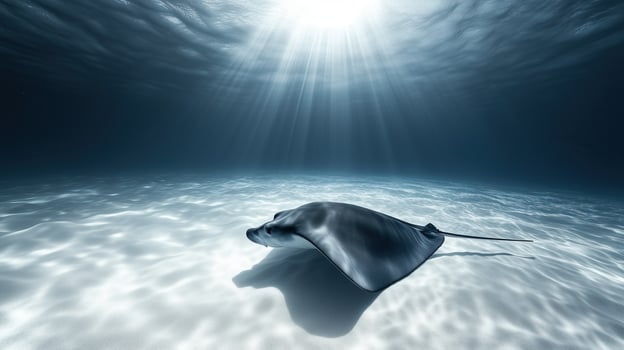 A lone manta ray swimming near the ocean floor photo