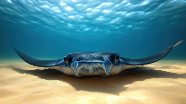 A lone manta ray swimming near the ocean floor photo