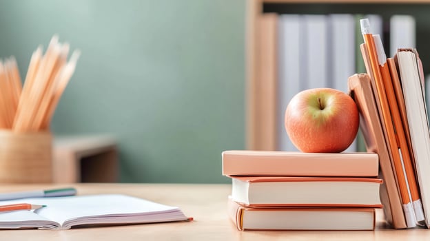 A cozy study space featuring books, an apple, and stationery on a wooden table in a sunny room with green walls photo