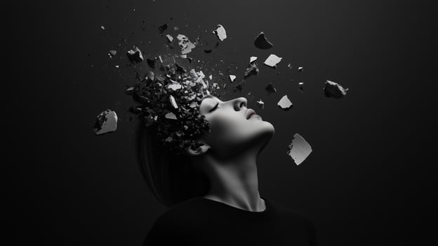 A woman in a black setting with an exploding head conveying an abstract representation of creativity and thought photo