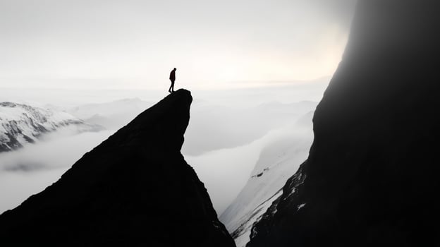 A lone hiker stands on a rocky outcrop overlooking a breathtaking snowy mountain landscape during twilight photo