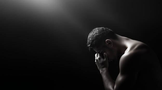 A contemplative man in a dimly lit space reflects on personal challenges and emotions in a moment of solitude and introspection photo