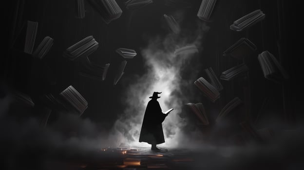 Mysterious figure in a cloak reading amidst floating books in a dimly lit environment photo
