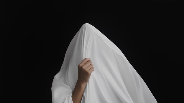 A person partially concealed by a flowing white cloth against a black background, creating an enigmatic and surreal appearance photo