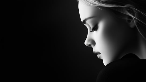 A young woman gazes thoughtfully in profile, captured in black and white, highlighting emotion and grace in a minimalist setting photo