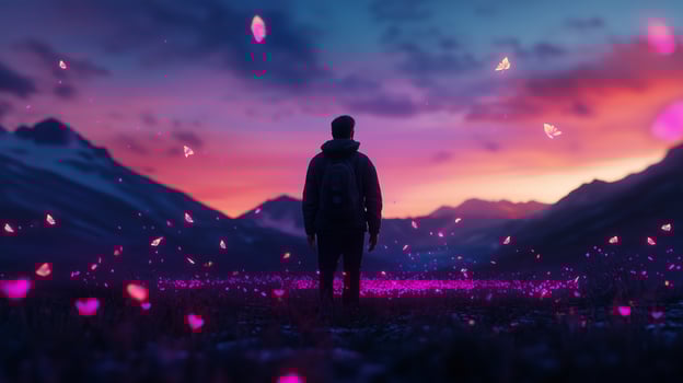 A person stands amidst vibrant pink flowers under a colorful sunset in a mountain valley, evoking a sense of wonder and peace photo