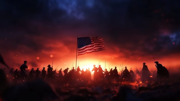 Civilians and soldiers gather under an American flag during a dramatic sunset in a historical reenactment of a significant battle photo