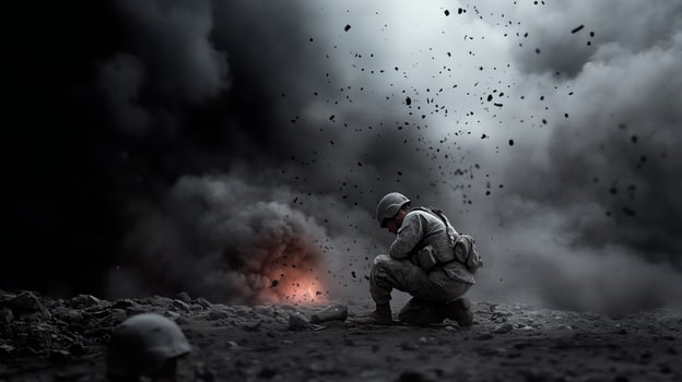 Soldier kneeling amidst explosions in a war-torn landscape during nighttime combat operations photo