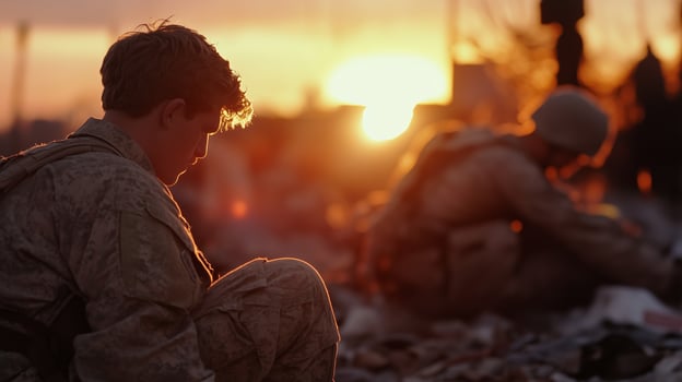 Soldiers reflect at sunset in a war-torn landscape, capturing moments of contemplation and camaraderie during deployment photo