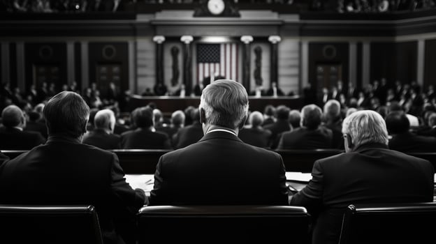 A tense moment during a congressional session featuring numerous politicians and a large crowd in attendance photo