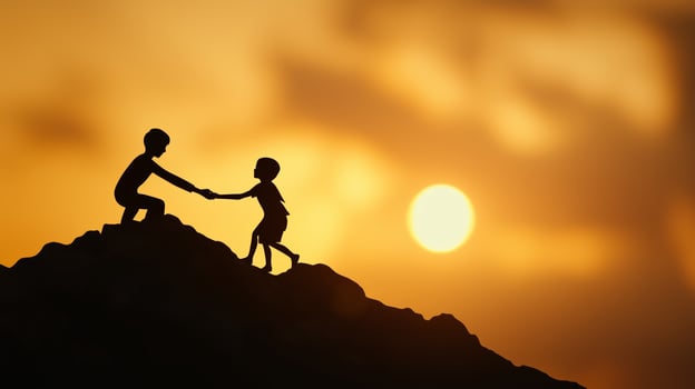 Two children climbing a mountain together at sunset, symbolizing friendship and teamwork in a scenic outdoor setting photo