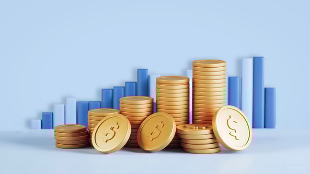 Financial growth concept with stacked coins and Bar chart 3d illustration photo