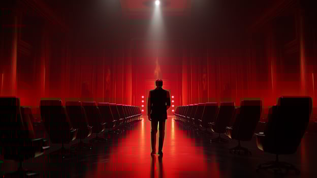 A solitary figure in a dark suit stands in a dimly lit room filled with empty chairs, addressing an unseen audience during a dramatic moment photo
