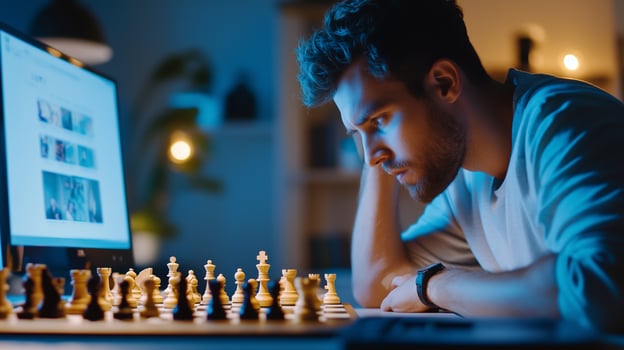A focused young man engaged in an intense chess match at home during the evening with a computer screen in the background photo