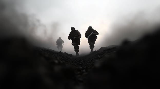 Soldiers advance through a foggy terrain during a military exercise at dawn, demonstrating teamwork and resilience photo
