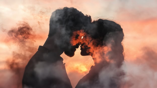 Couple sharing an intimate moment amid colorful smoke at sunset in a romantic outdoor setting photo