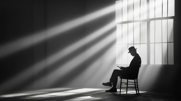 A solitary figure reading in a sunlit room with dramatic light rays during the early morning hours photo