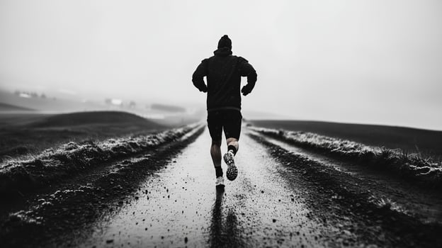 A solitary runner jogs along a muddy path through misty countryside during a gloomy morning photo