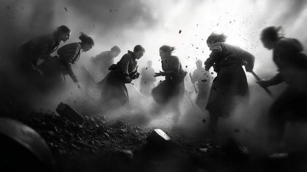 Historical battle scene depicting soldiers engaged in intense combat amidst smoke and chaos during the war photo