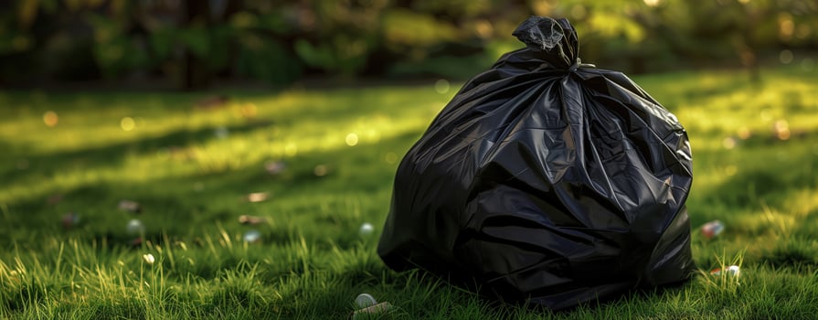 Garbage bag on green lawn. environmental pollution. cleanliness efforts. Park cleaning day. photo