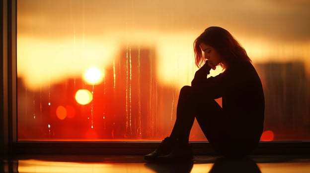 A woman sits thoughtfully by a large window overlooking a sunset in a modern city, reflecting on life during a quiet evening photo