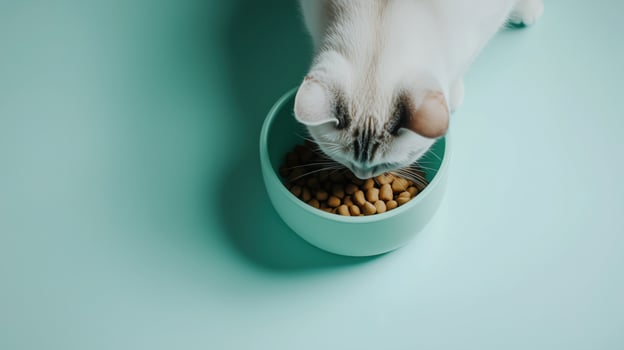 Cat eating kibble from a bowl on a blue background. top-down view showcasing healthy pet nutrition photo