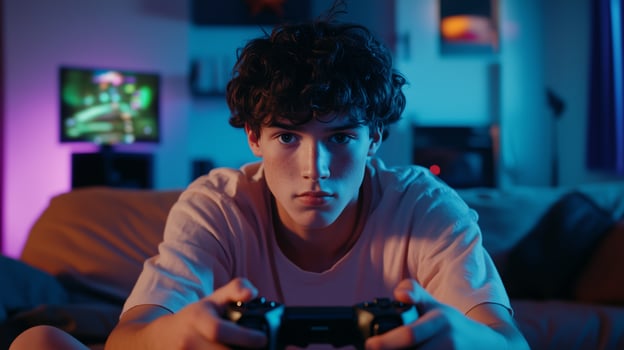 Teenager gaming intensely at home in a dimly lit room with colorful lights during nighttime photo