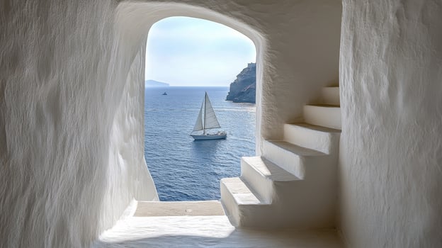 Stunning coastal view from an elegant staircase overlooking sailboats in the tranquil sea photo