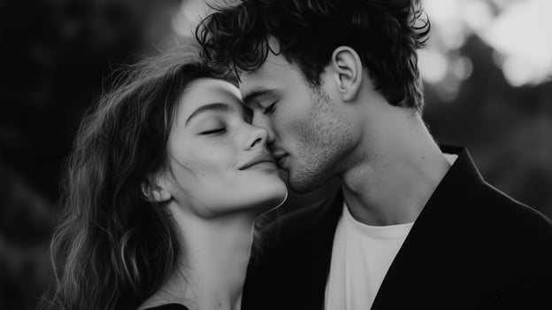 A couple sharing a tender kiss during sunset in a serene outdoor setting, capturing a moment of joy and connection photo
