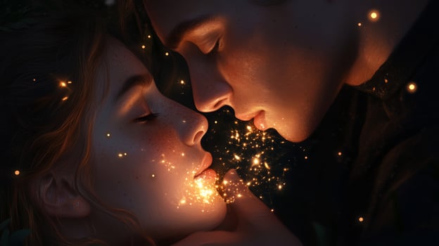 A magical moment of two lovers sharing a kiss under a starlit sky, surrounded by sparkling light in a serene forest setting at night photo