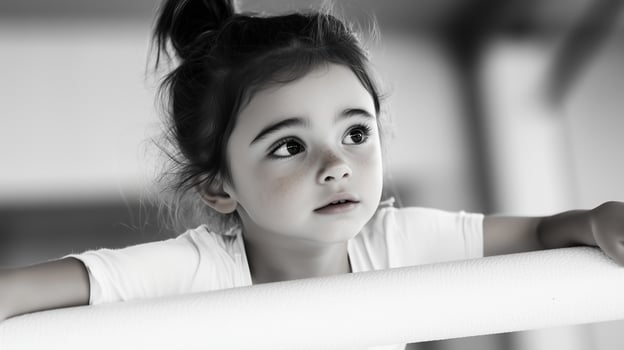A young child gazes thoughtfully while playing on a gym apparatus during a bright afternoon in a recreational center photo