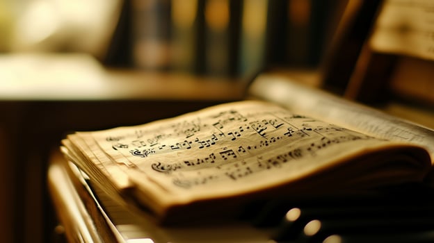 Sheet music resting on a piano in a warm-lit room during evening hours, embodying the charm of musical creativity and artistry photo